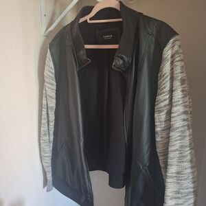 torrid Black Faux Leather Bomber Jacket with Gray Knit Sleeves